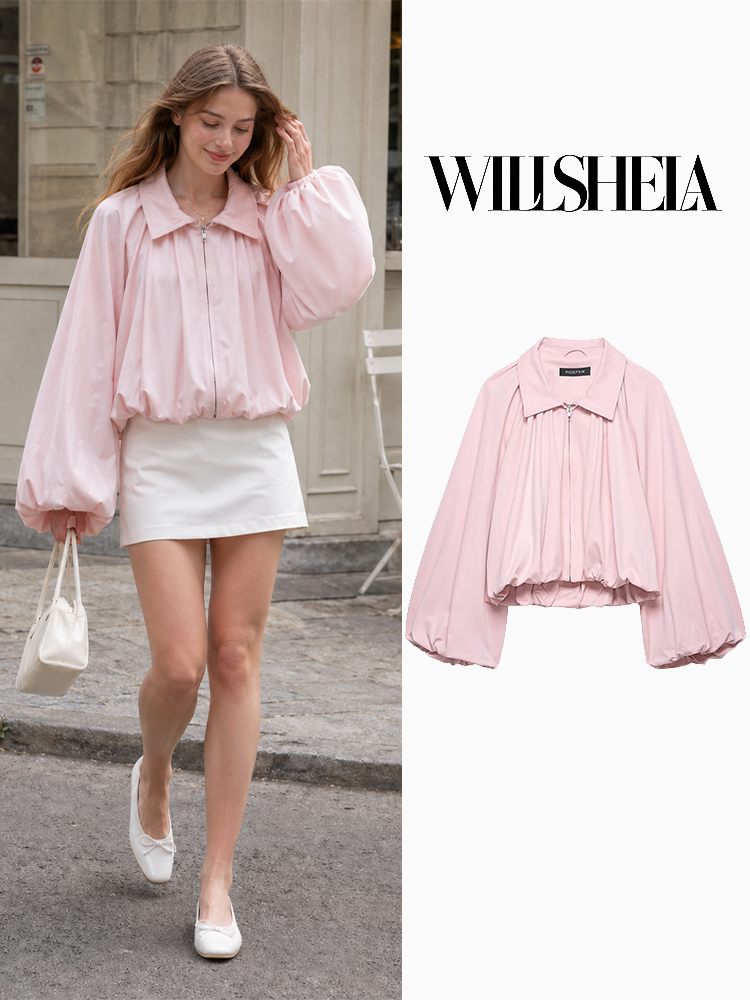 Women'S Fashion Bomber Jacket - Willshela Women Fashion Pink Front Zipper