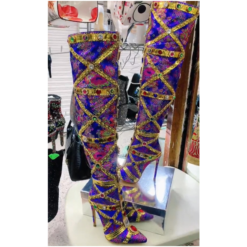 Women'S Fashion Knee High Boots - Multicolor Gemstone Gold Trim Stitched Stiletto