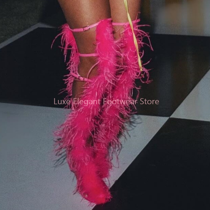 Pink Feather Strappy Hollow Bu - Women'S Fashion Knee High Boots 评论和价格