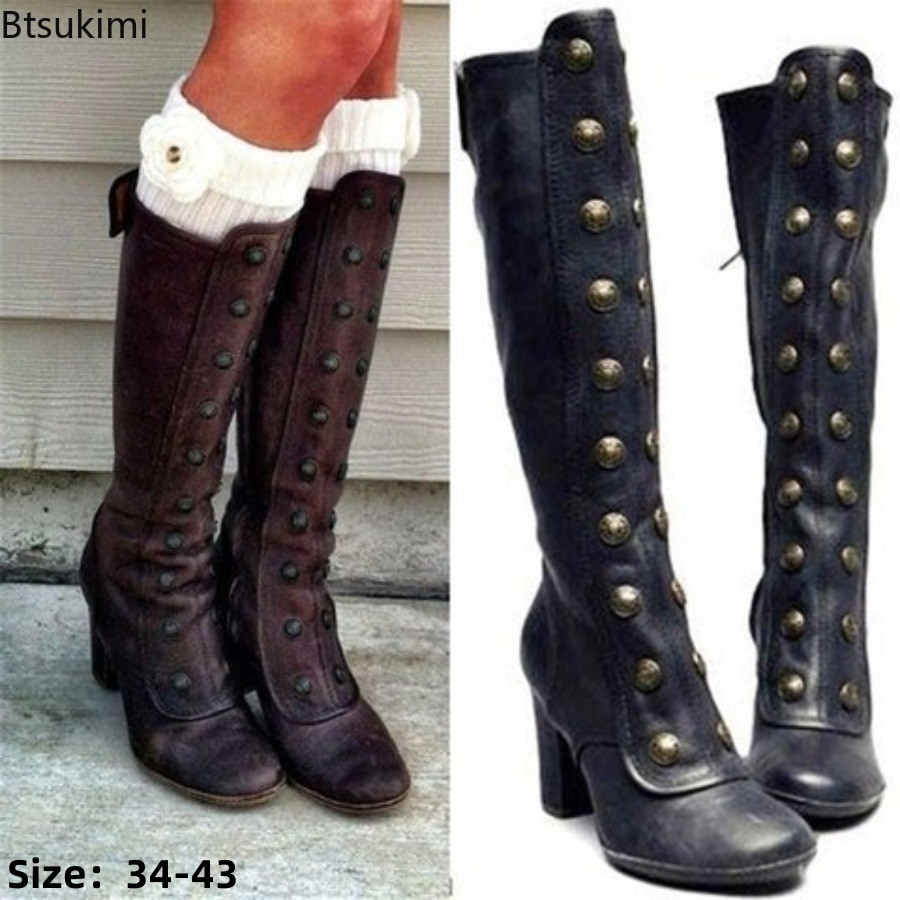 Retro Black Fashion Rivet Deco - Women'S Fashion Knee High Boots 评论和价格
