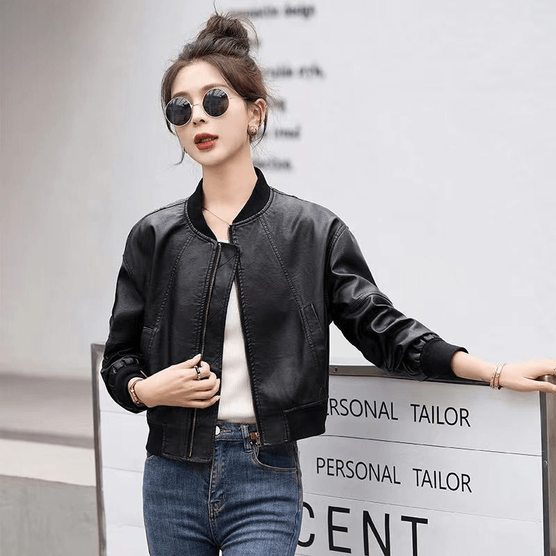 American Retro Faux Leather Ja - Women'S Fashion Bomber Jacket 评论和价格