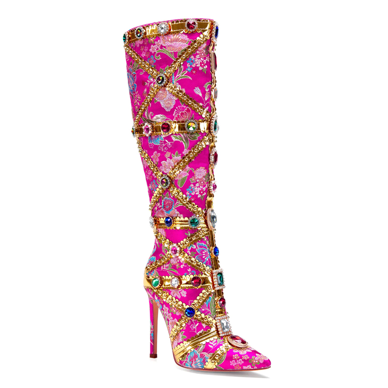 Multicolor Gemstone Gold Trim  - Women'S Fashion Knee High Boots 评论和价格