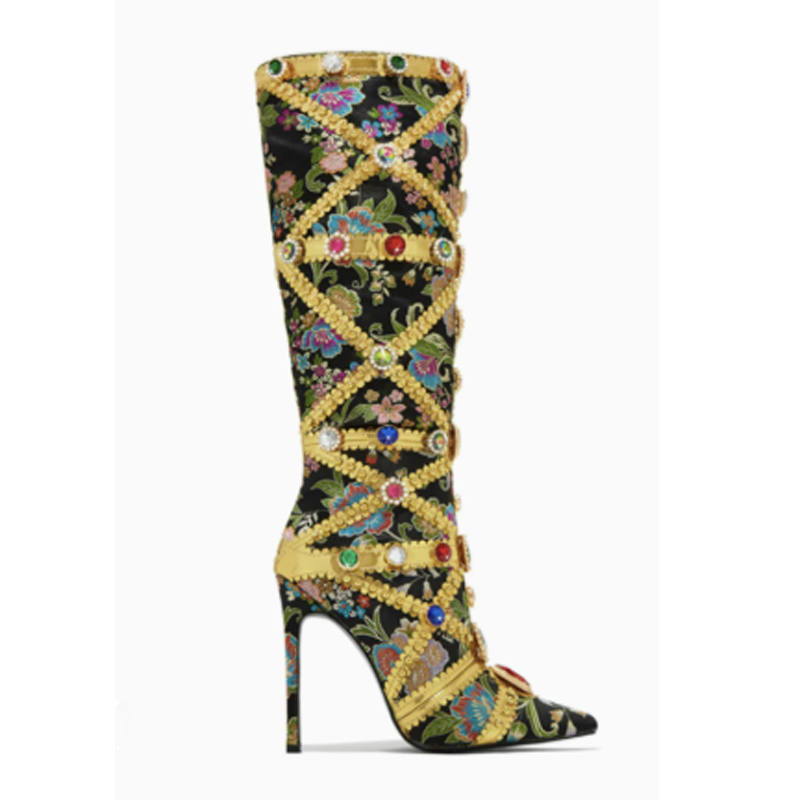 Multicolor Gemstone Gold Trim  - Women'S Fashion Knee High Boots 评论和价格
