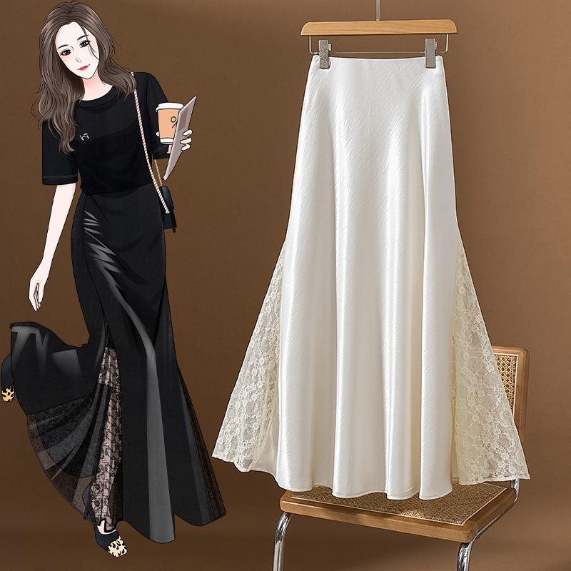 Fashionable Lace Splice Fish T - A-Line Skirt Midi 评论和价格